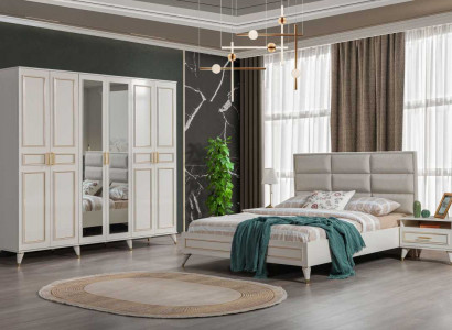 White bedroom furniture wood glass cabinet textile double bed nightstands